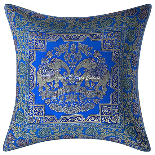 Image of Decorative Brocade Cushion Cover 16x16 Inch Banarasi Jacquard Weave Turquoise & Gold Living Room Decor Elephant Traditional Square 40x40 cm Zippered Sofa Settee Pillowcase -1 Pc