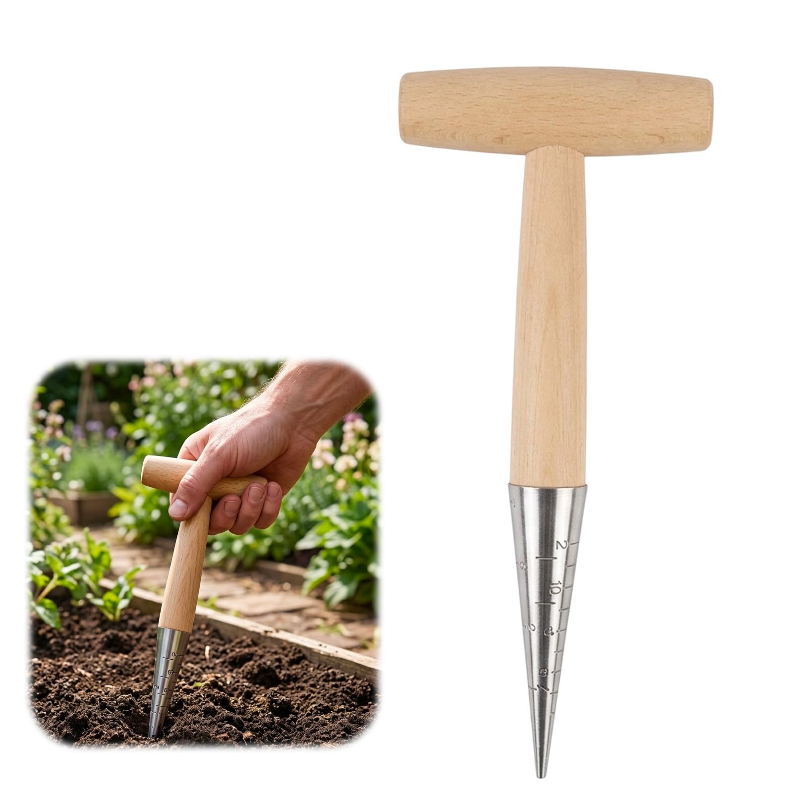 Dibber Garden Tool with Wooden Handle, Precision Bulb Planter Tool, Ergonomic Dibber for Planting Seeds, Durable Bulb Planter for Outdoor Gardening
