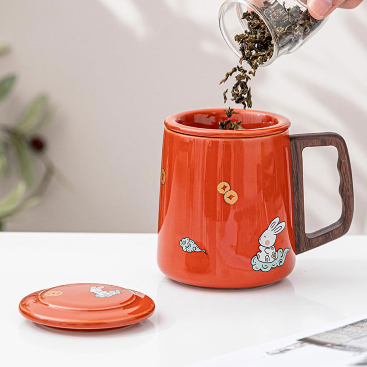 Luxshiny Taza de Cerámica Roja de 400ml con Tapa y Superficie Lisa para Infusión de Té de Hojas Sueltas, Adecuado para Oficina y Hogar