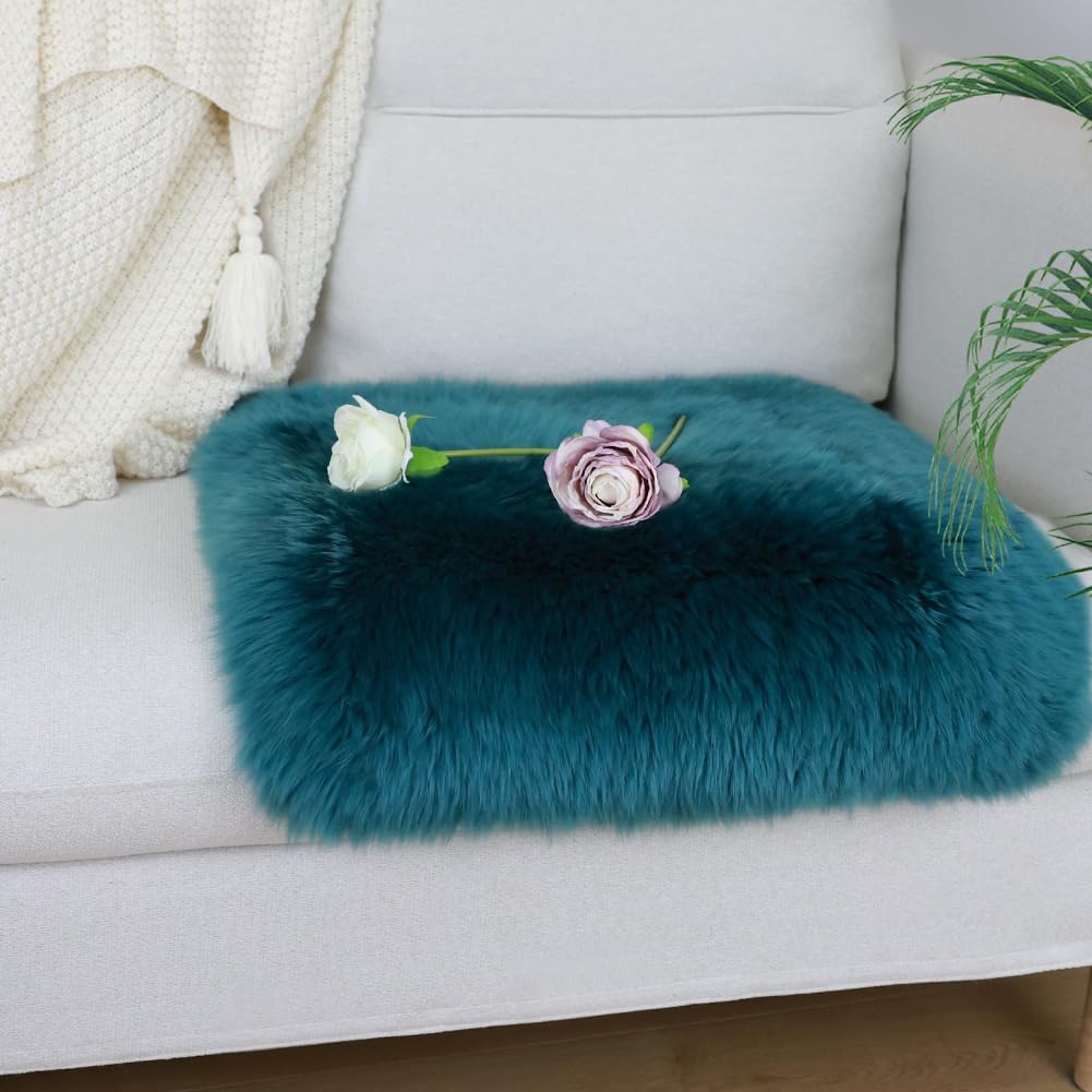 IRIWOOL Square Fur Sheepskin Chair Cover Seat Cushion Pad Super Soft Area Rugs for Living Bedroom Sofa 18" x 18" (Pack of 1), Dark Aquamarine