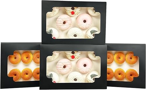 qiqee Caja de galletas negra desplegable automática con ventana de 12 x 8 x 2.5 pulgadas, 32 paquetes de dos usos en un segundo plegable para