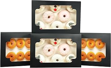 qiqee Auto-pop up Black Cookie Box with Window 12x8x2.5 inch 32 Packs Two Uses One Second Folding Pastry Biscuit Bakery Box for Packaging