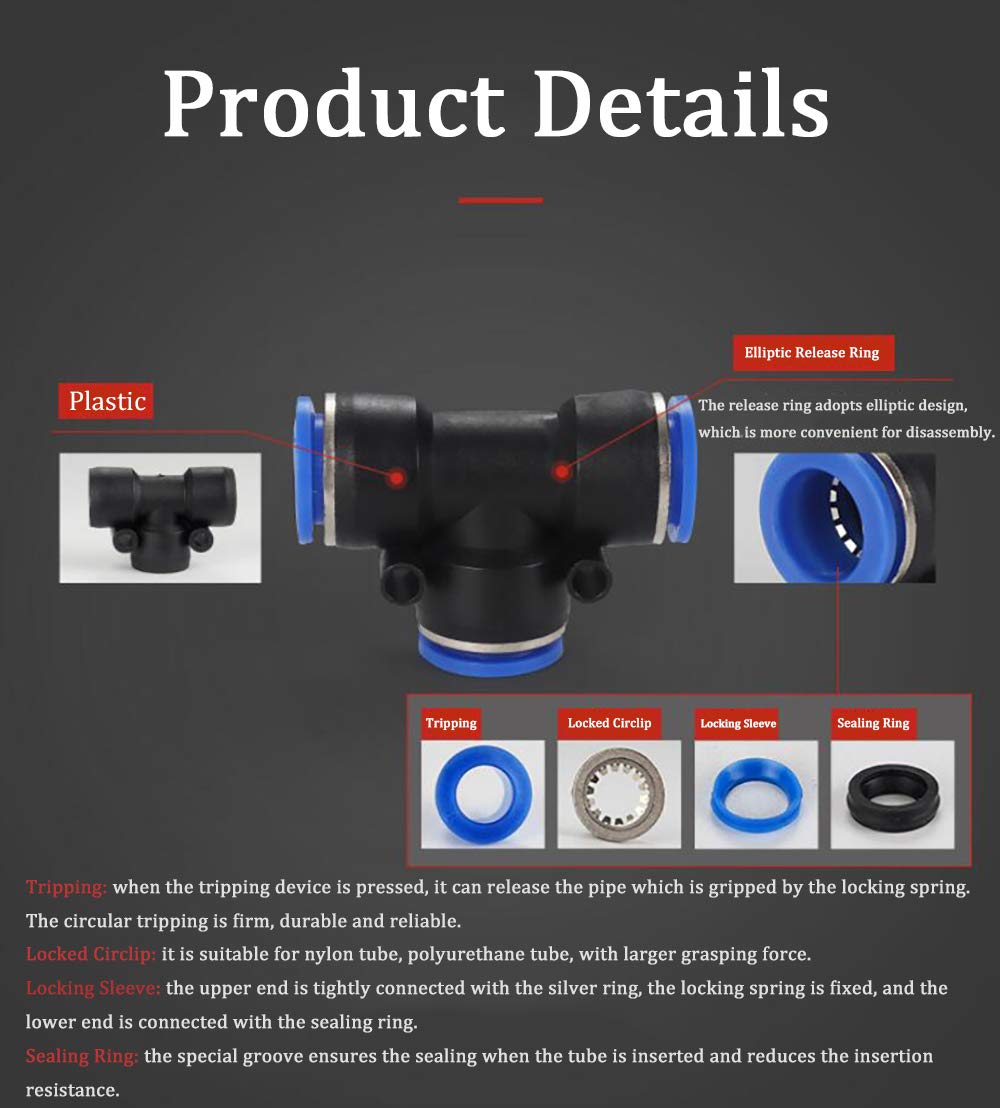 Raccordi a spinta da 16 mm, in plastica OD da 5/8" a forma di T per connettere il raccordo rapido, connettore pneumatico a pressione della linea dell'aria (10 pezzi)