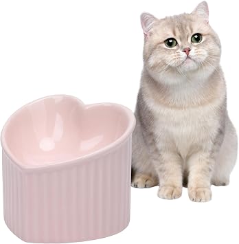 Heart Shaper Ceramic Elevated Cat Bowls, Raised Cat Bowls Anti Vomit Stress Free Water Food Feeder Microwave Safe Pet Accessories for Small Cats DogsPink