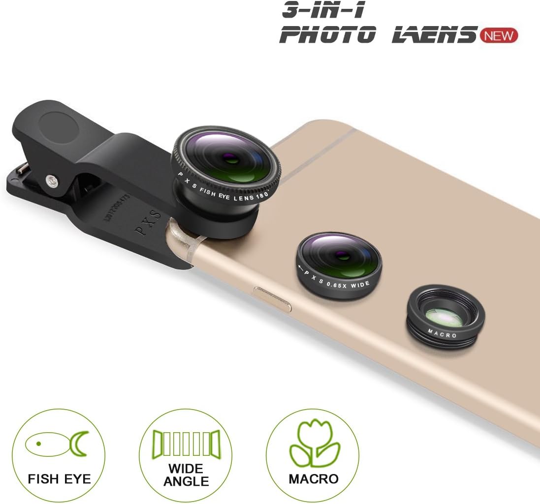 PLAY X STORE Universal 3 in 1 Cell Phone Camera Lens Kit Fish Eye Lens / 2 in 1 Macro Lens & Wide Angle Lens Universal Clip (Black)