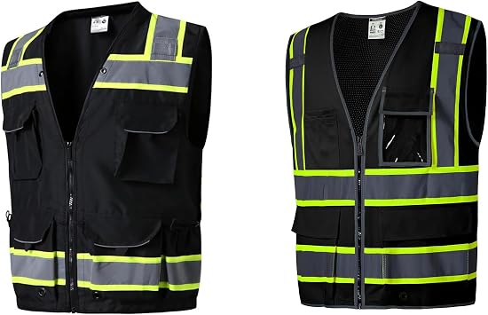 SKSAFETY 10/12 Pockets Black Safety Vest - Class 2 High Visibility Security with Zipper Double-sided mesh, Hi Vis Vest with Reflective Strips, ANSI/ISEA Standard, Construction Work Vest Black