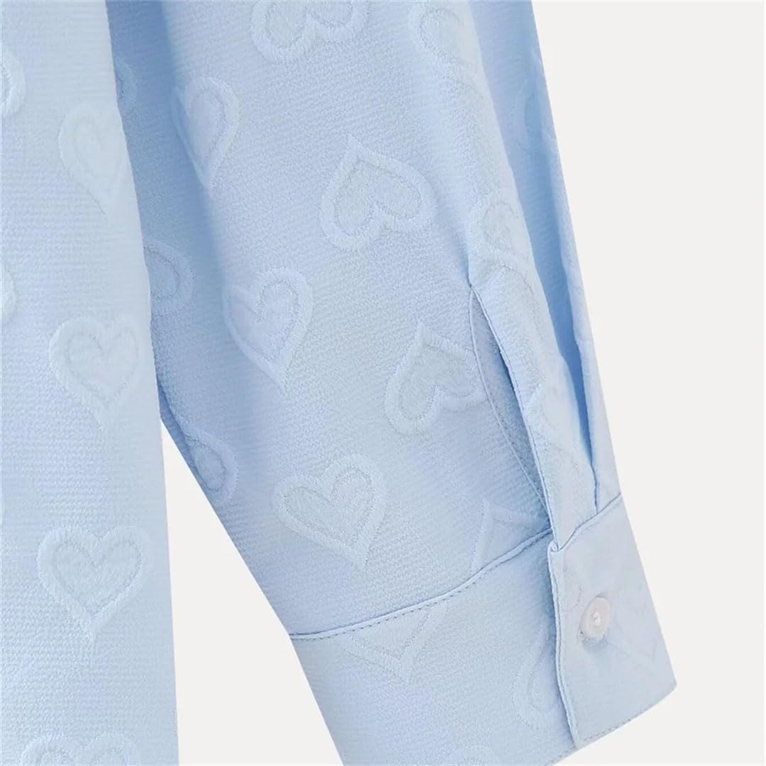 Prodotto Primavera Camicia da donna semplice con colletto a polo a maniche lunghe Love Jacquard tinta unita