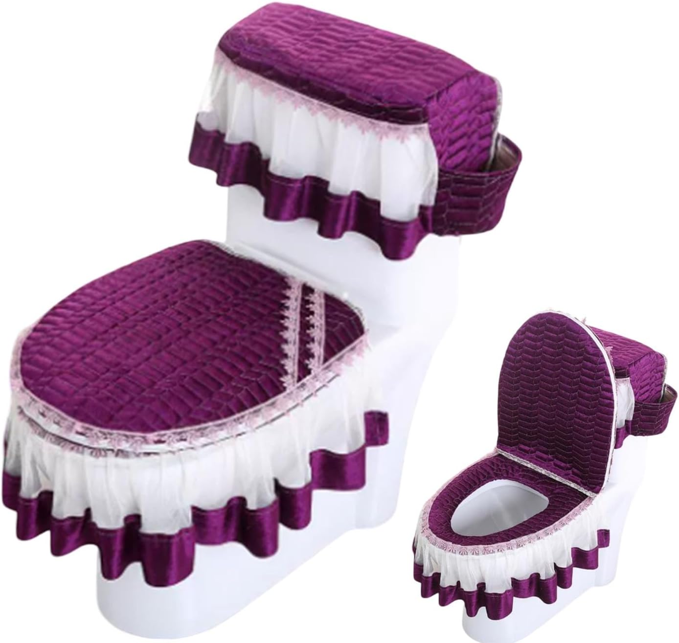 3PCS Toilet Seat Cover Set,Lace Thicker Toilet Seat Cushion,Breathable and Comfortable,Includes Toilet Seat Cover/Lid Cover/Tank Cover Set,for All Seasons(Blue,Without pockets)