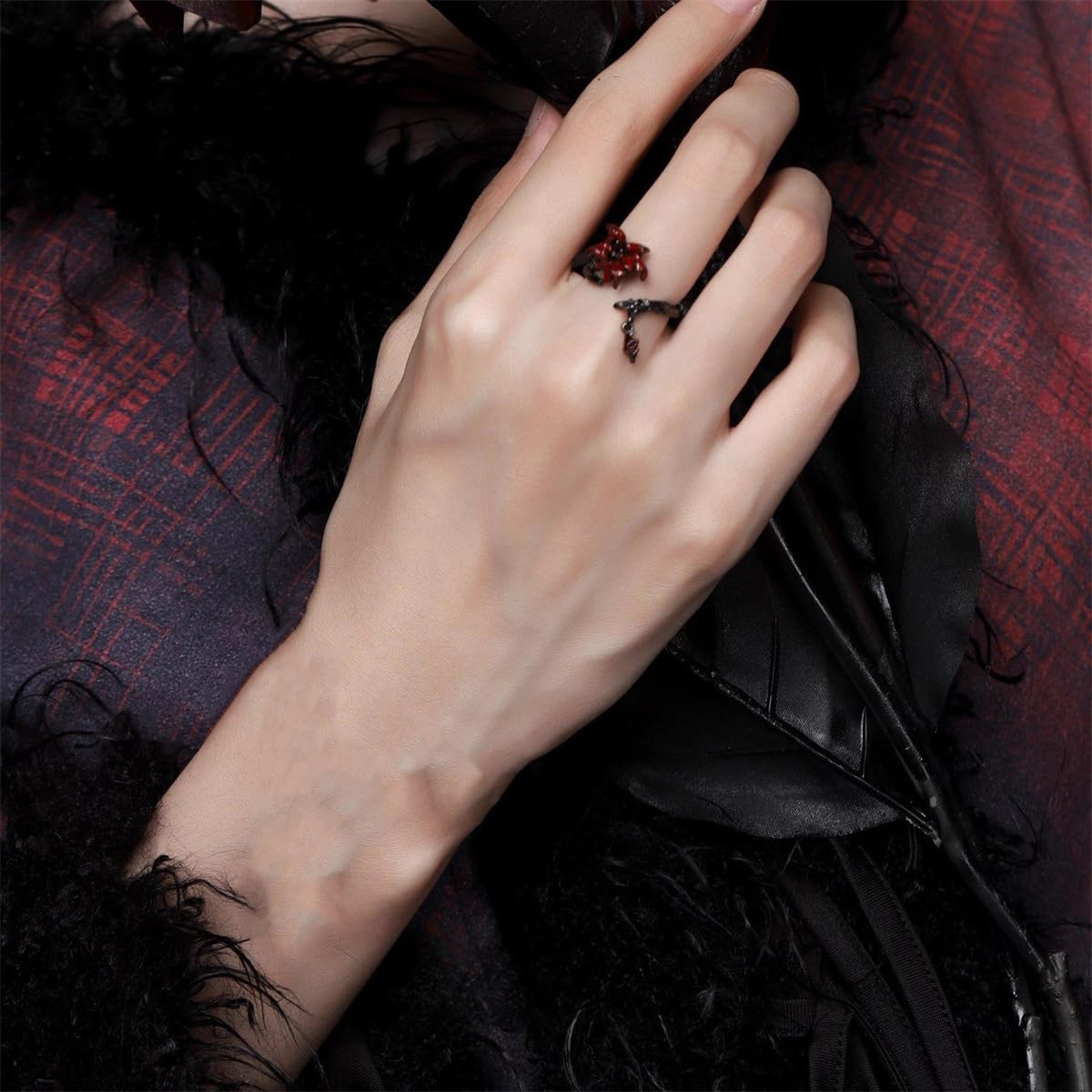 Gothic Red CZ Flower Open Band Ring for Women Adjustable Black Flowers Branch Charms Drop Geometric Tassel Halloween Statement Wrap Finger Rings Comfort Fit Punk Wedding Engagement Jewelry - Image 4