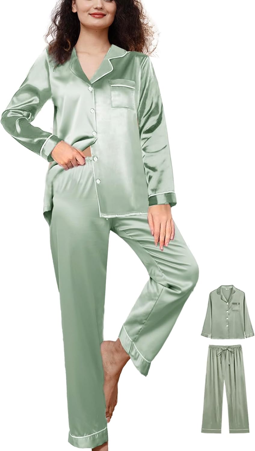 Womens Satin Pajamas Set 2Pcs Silk Pajama Long Sets XS-3XL Silky Long Pj Sets Sleepwear Stripes Pjs Loungewear - Image 6