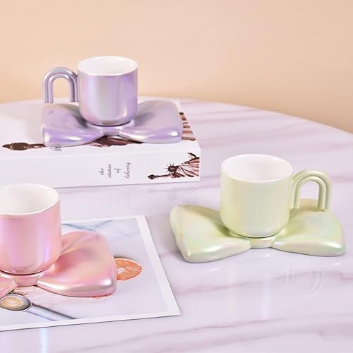 Miniatura 5 de Koythin Taza de café de cerámica, bonita taza creativa con platillo de lazo, taza de café novedosa con agarre cómodo para oficina y hogar, 6.5 onzas