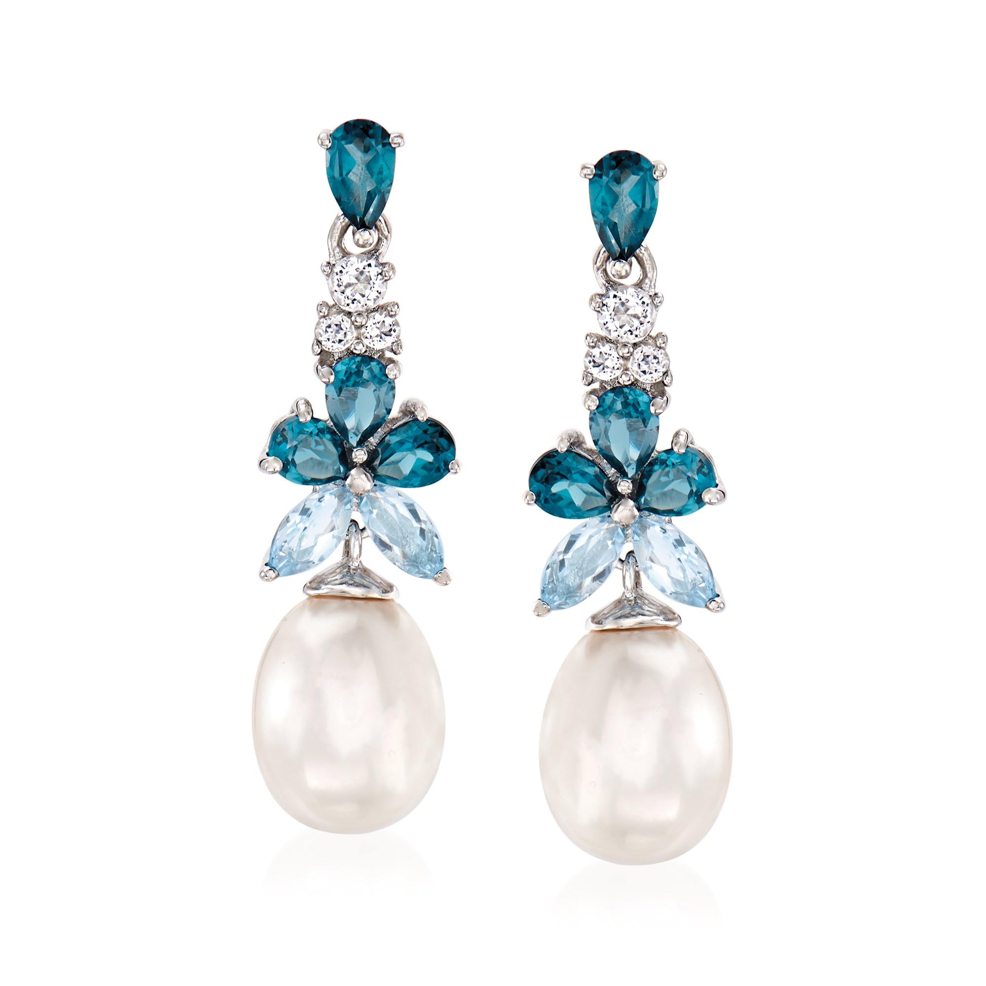 Ross-Simons 8 5-9mm Cultured Pearl and 2 30 ct t w London Sky Blue and White Topaz Drop