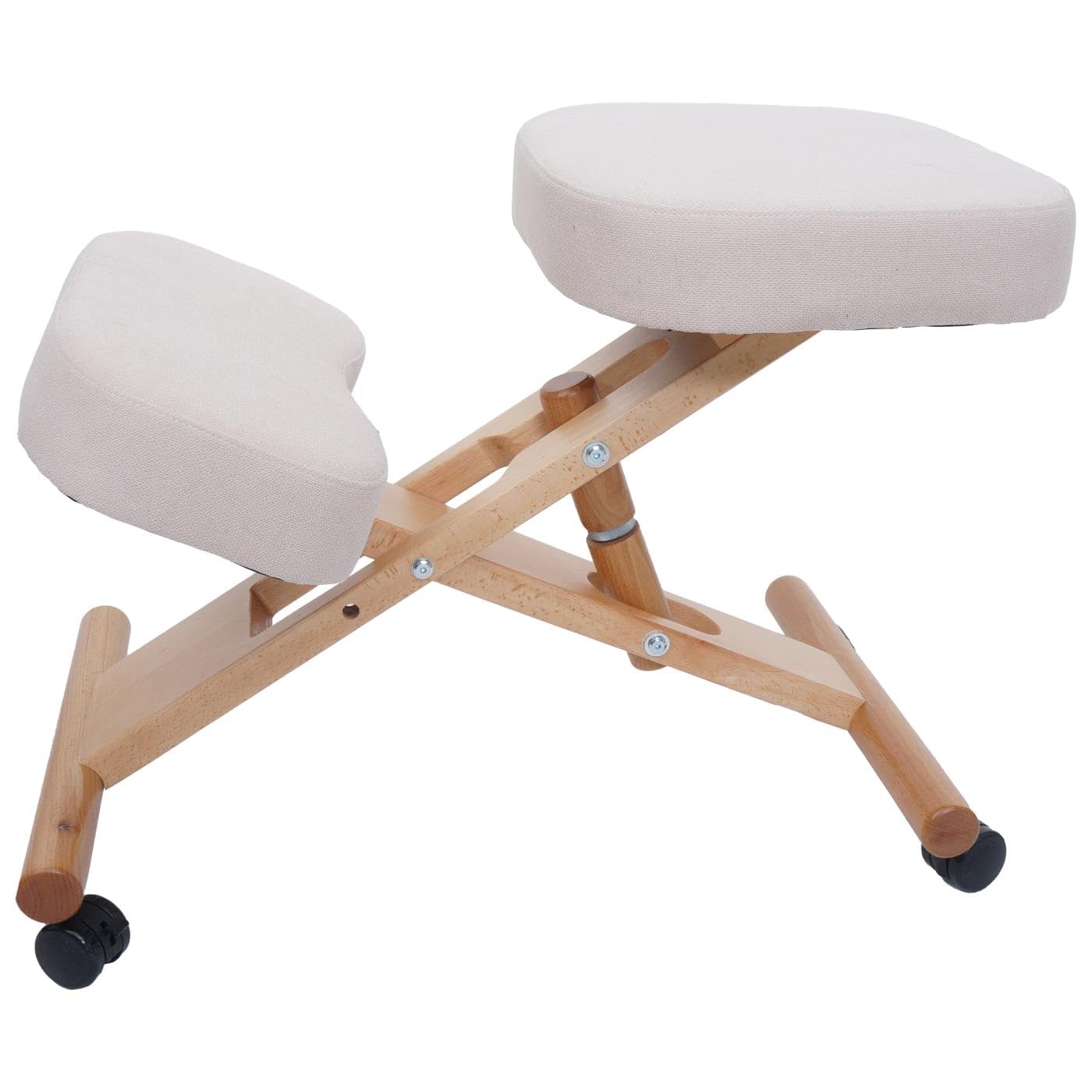Mendler Kniestuhl HWC-Q46, Sitz-/Kniehocker höhenverstellbar Rollen Stoff/Textil (200g/m²) Holz - Creme