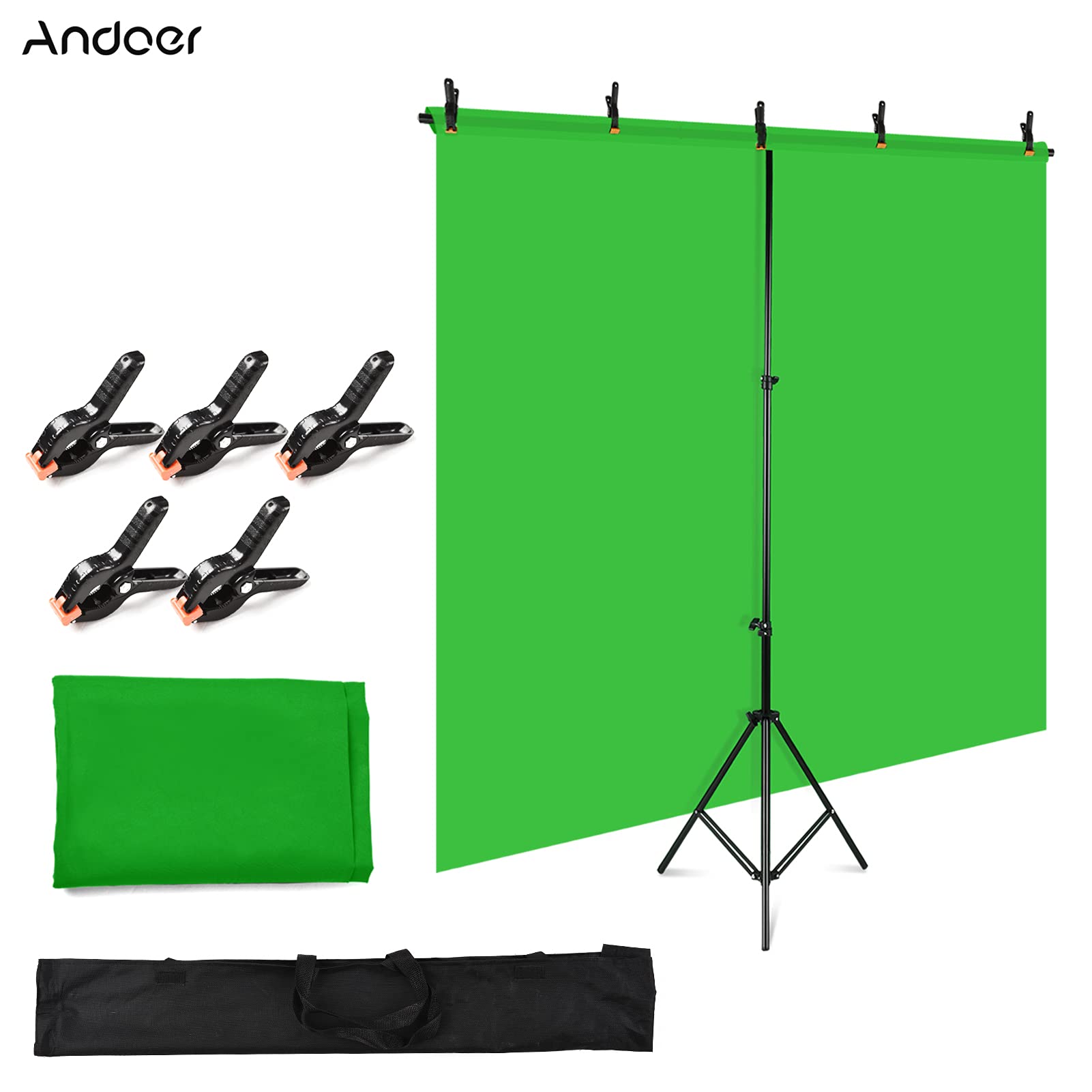 Andoer Andoer - Kit per fotografia di sfondo a tinta unita, 1,2 x 1,2 m, con supporto regolabile a forma di T, 1,2 x 1,2 m, 5 morsetti a molla verde