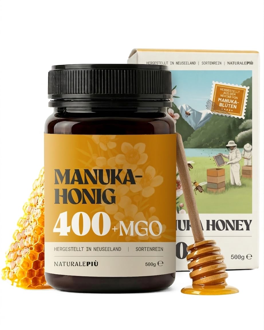 NaturalePiù Manuka Honig 400+MGO Laborgeprüft Neuseeland | 500g. Manuka-Honig aus Neuseeland, laborgeprüft auf Methylglyoxal, für Tee, Toast und Joghurt.