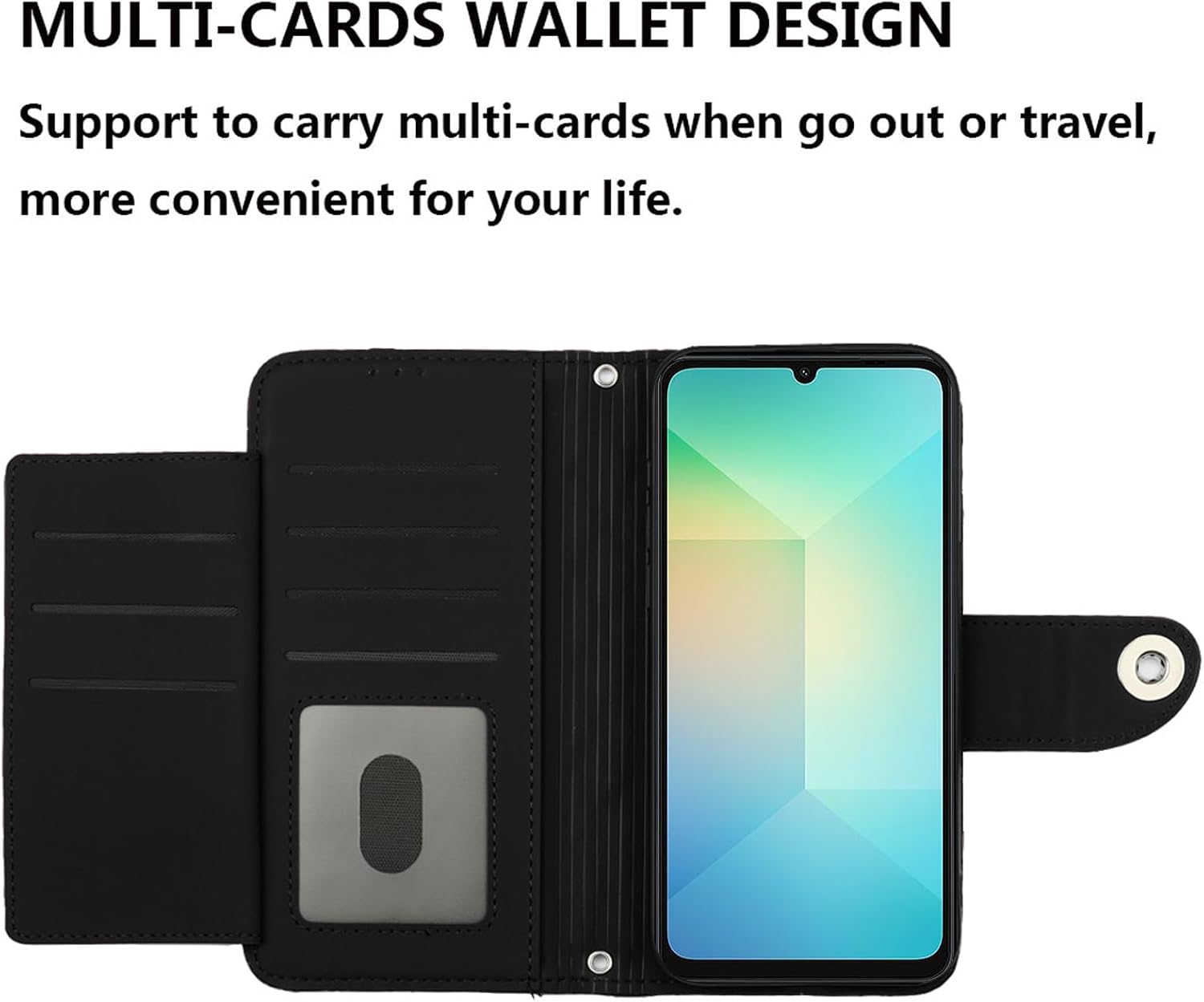 Wallet Case for Samsung Galaxy A06/A07 with Wrist Shoulder Strap, Argyle Pattern PU Leather Flip Credit Card Holder Stand Cell Phone Cover for AO6 5G/AO7 4G A 06 07 LTE Girls Women Black