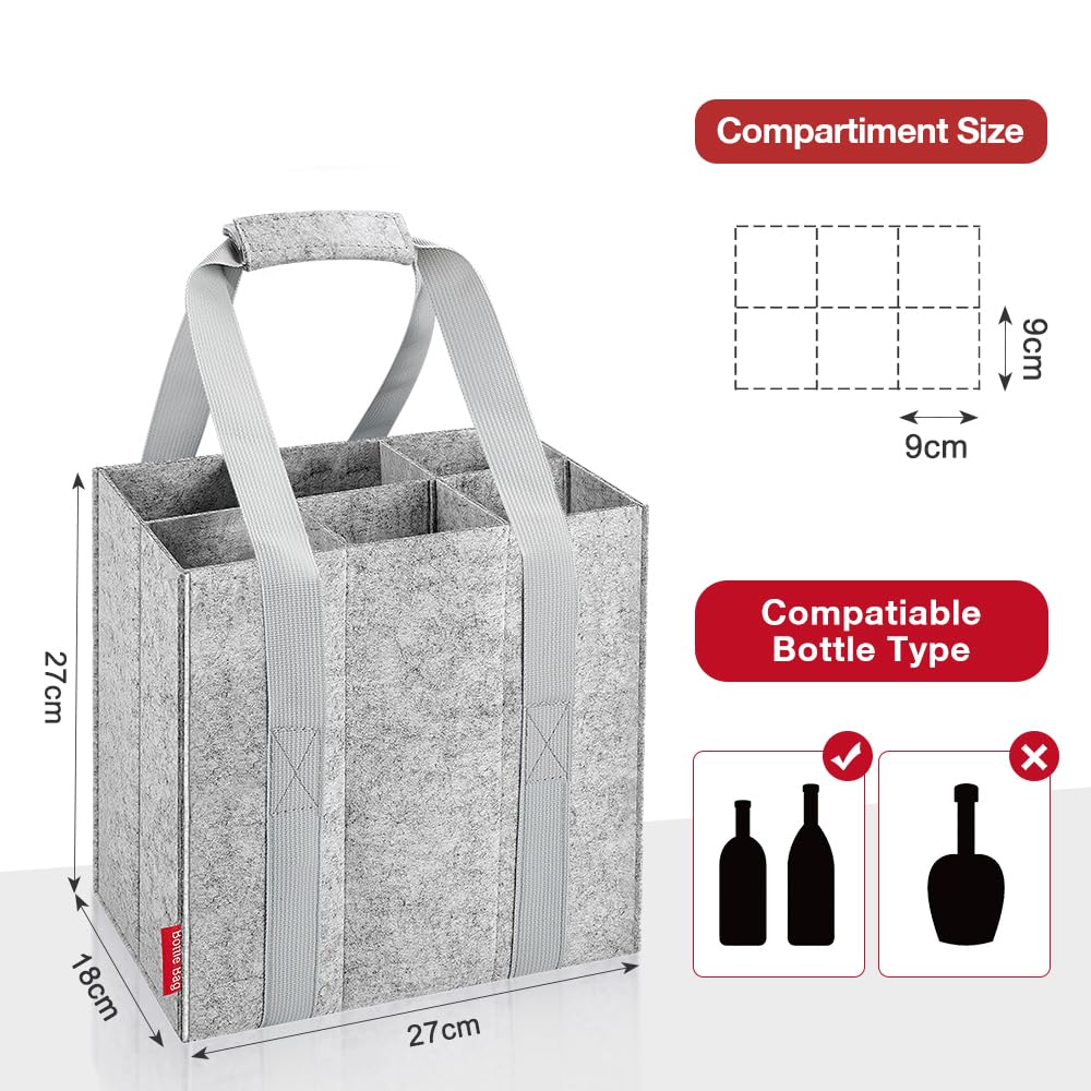 Eurhomewit Bottle Bag 6 Compartments, Wine Bottle Carrier Felt Wine Tote Bag Holder with Protable Handles - Image 2