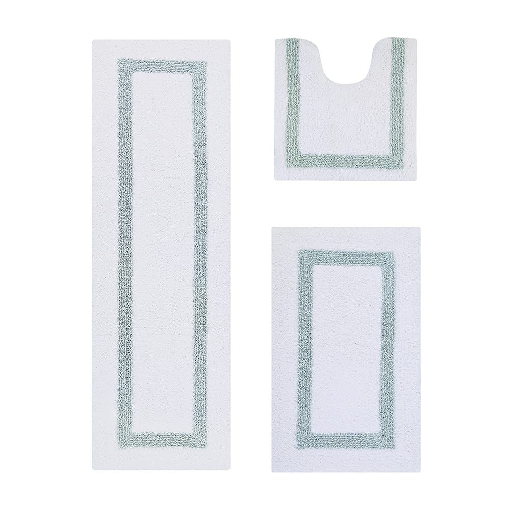 Better Trends 100 Cotton Hotel Collection Bath Mats Set White Blue Mats - Tufted Reversible Absorbent Machine Washable