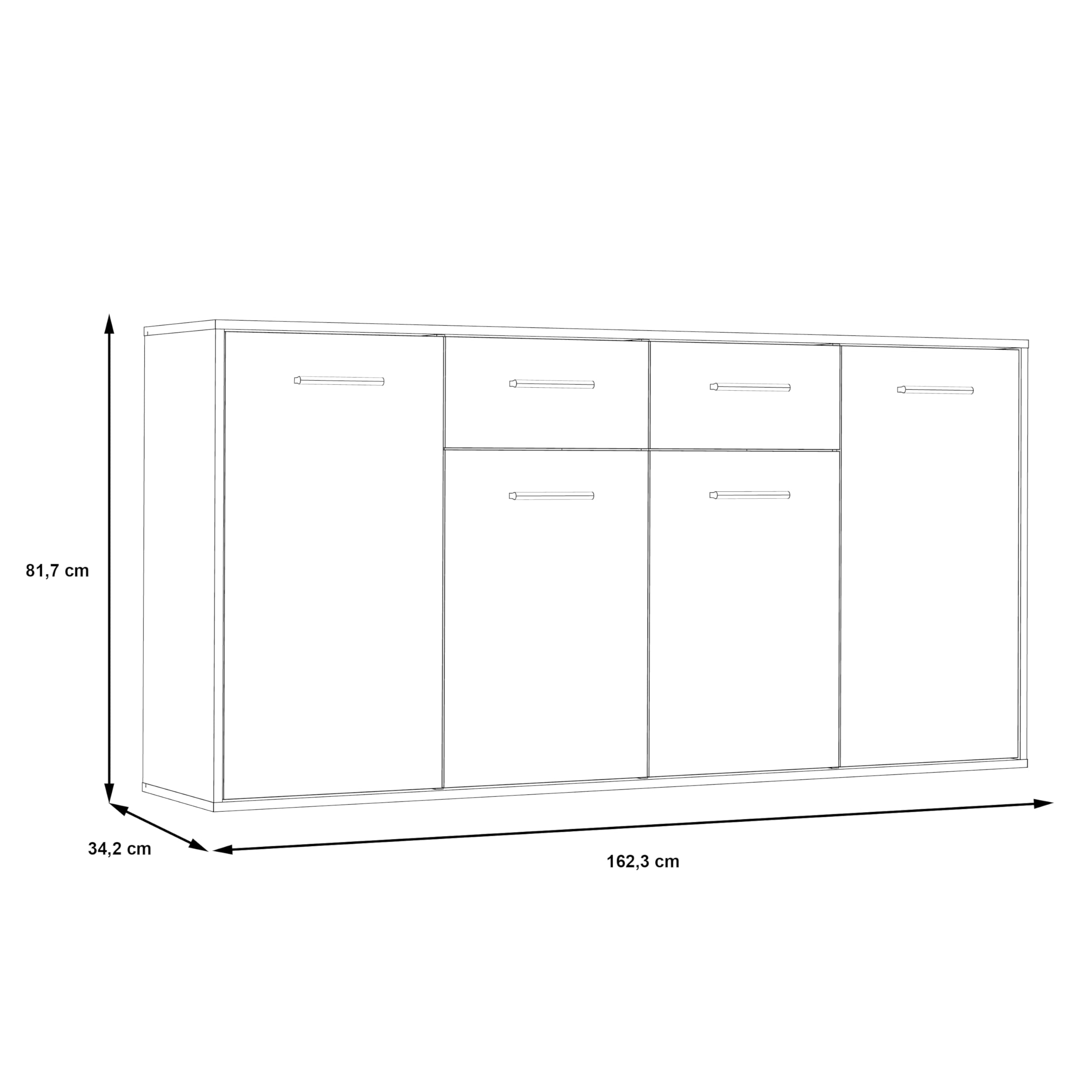 Forte ANTUZA Moderne Kommode 160 170, weißes Sideboard mit 4 Türen und 2 Schubladen, Holzwerkstoff, Betonoptik hellgrau/Weiß, 162,3 cm breit x 88,1 cm hoch x 34,2 cm tief