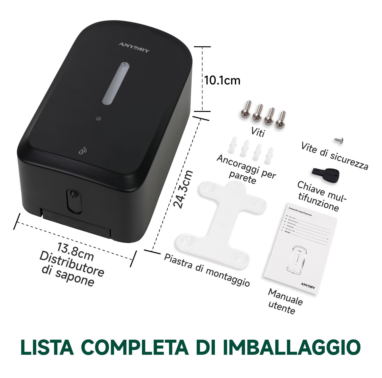anydry Distributore automatico di sapone liquido professionale da 1000 ml, montaggio a parete, senza contatto, per bagni ad alto traffico, uffici, ospedali, modello 1220S Nero