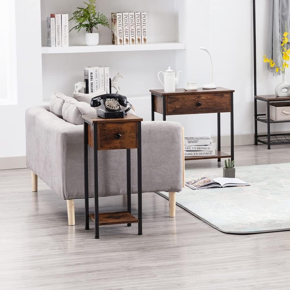 DYHOME End Table, Nightstand, Side Table, Nightstands Set of 2, Side Table Set of 2 Living Room, Side Table with Storage Drawer and Storage Board, Brown : Home & Kitchen