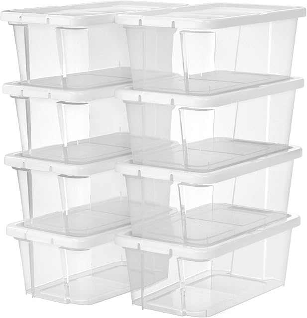 SONGMICS Shoe Boxes with Lids, Set of 8, Stackable Clear Shoe Organiser, Versatile Storage Container for Shoes and Crafts, Sizes Up to UK 7.5, Transparent LSP11WT