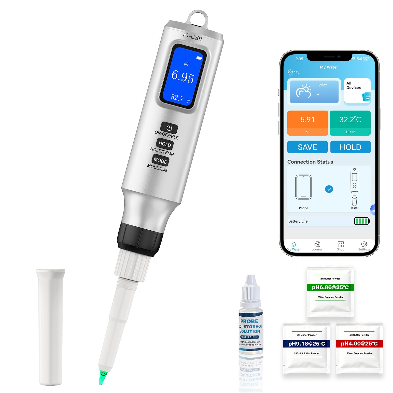 Intelligentes pH Messgerät mit App, Digitales pH Tester für Lebensmittel und Wasser mit Kalibrierpulver, pH Meter mit ATC für Sauerteig, Käse, Brot, Fleisch und fermentierte Getränke & Lebensmittel