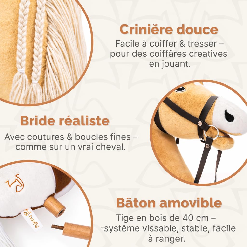 Grand Cheval à Bâton Hobby Horse Beige Haflinger A3 pour Enfants avec Tige à visser