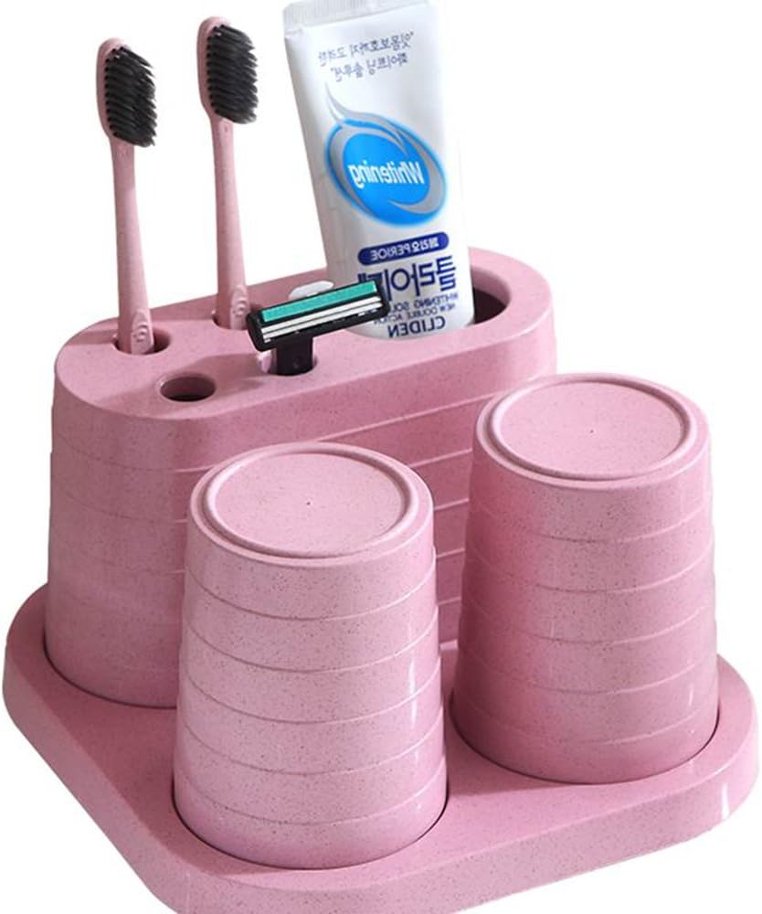 Wekity Toothbrush Holder Non-Slip Hollow Drain Design Toothbrush Toothpaste Holder with 2 Rinse Cups, 4 Holes for Toothbrushes & 1 Holes for Toothpaste Stand for Bathroom Storage Organizer (Pink)