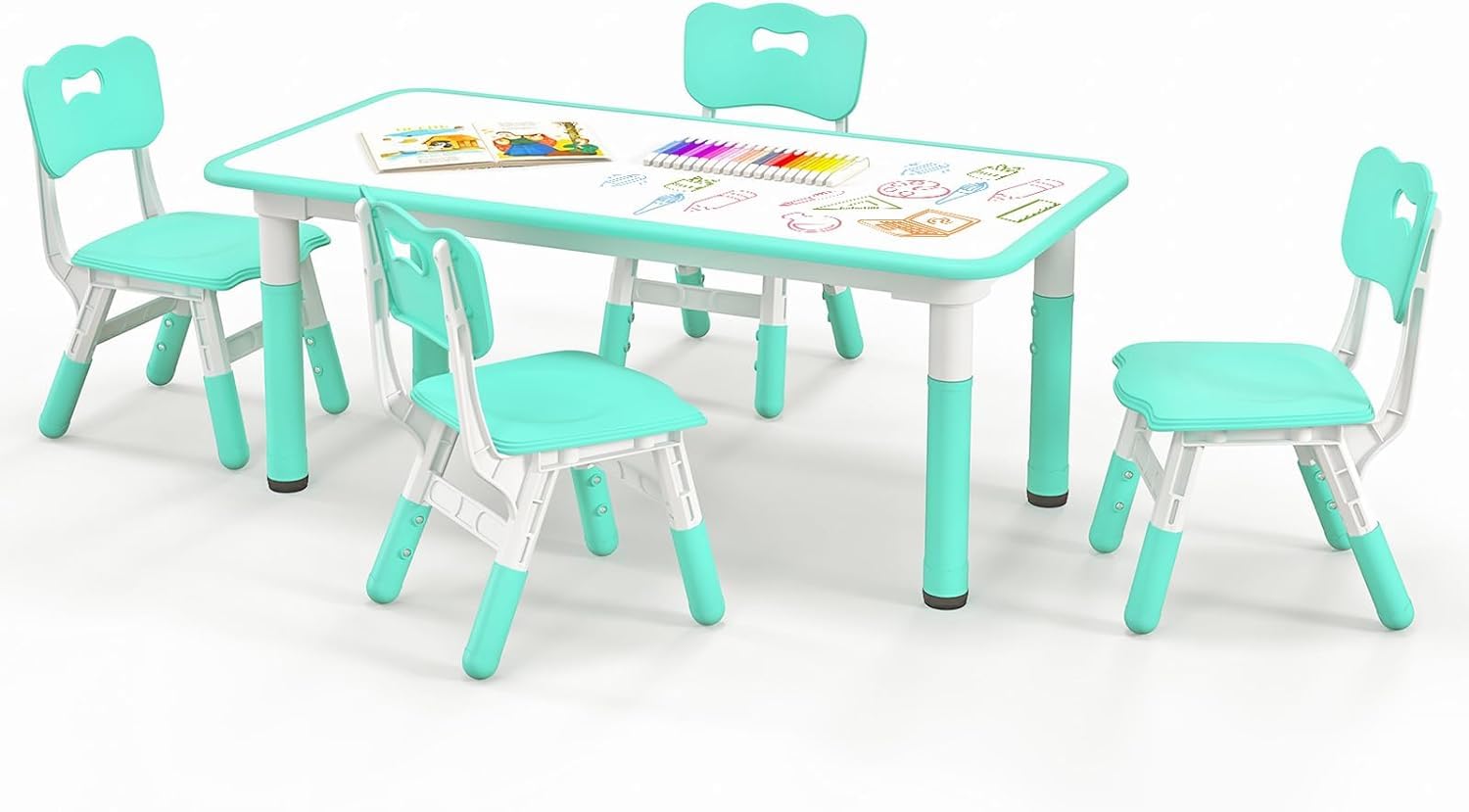 Costzon Kids Table and 4 Chair Set, Height Adjustable Toddler Desk and Chairs with Graffiti Desktop, Non-Slip Legs, Children Art Study Multi-Activity Table Set for Home, Daycare, School (Green)