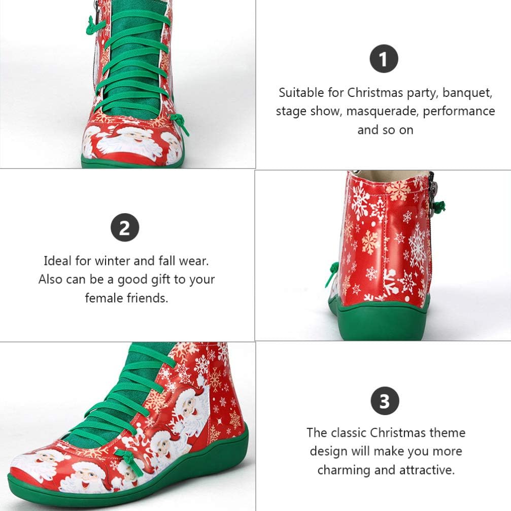 Generic Christmas Santa Claus Shoes Round Toe Lace- Up Side Zipper Xmas Printed Short Boots Santa Costume Accessory for Women Men, Green, 8.5 - Image 3