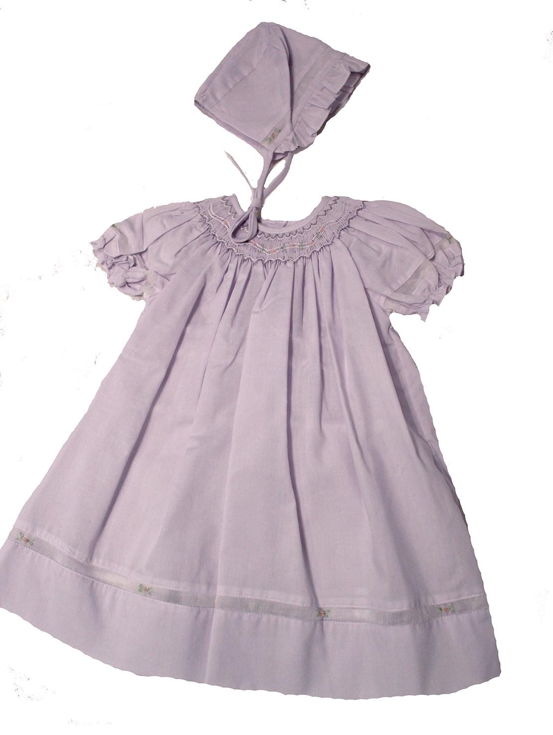 Petit Ami Girl's Smocked Dress with Embroidered Insets & Bonnet Infant Lavender (Newborn)