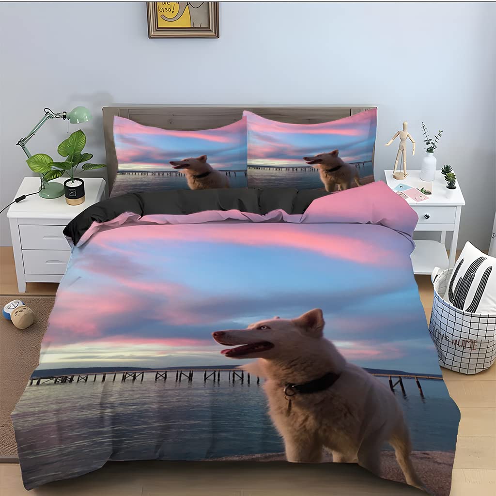 Parure de lit 220x240 chien bleu en microfibres de 110 g/m² avec ses deux taies d'oreiller