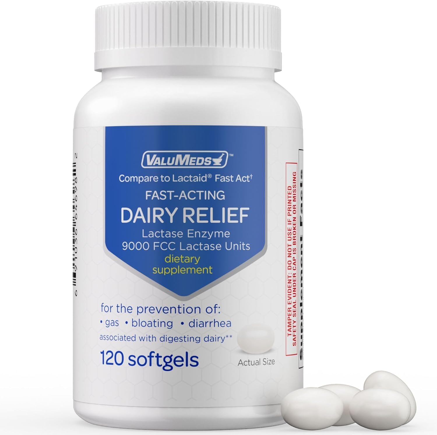 ValuMeds Fast Acting Dairy Relief Lactose Enzymes, 120 Softgels, Help Prevent Gas, Bloating, Diarrhea, Intolerance, or Sensitivity, Comparable to Lactaid