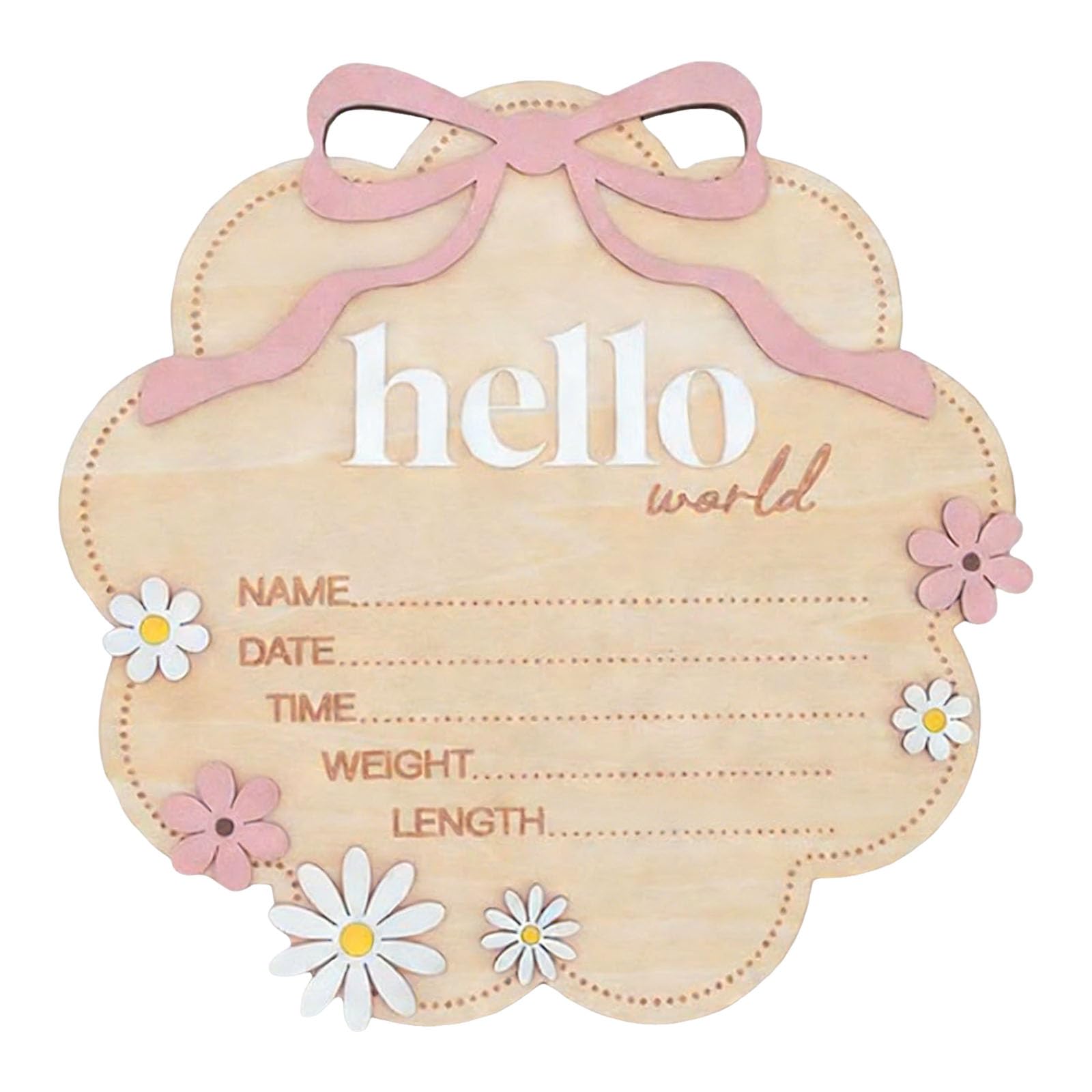 Hello World Wooden Baby Birth Announcement Sign with Pink Bow, Cloud Shape Floral Newborn Name Date Time Weight Length Board, Newborn Girls Boys Photo Prop (Pink) - 2