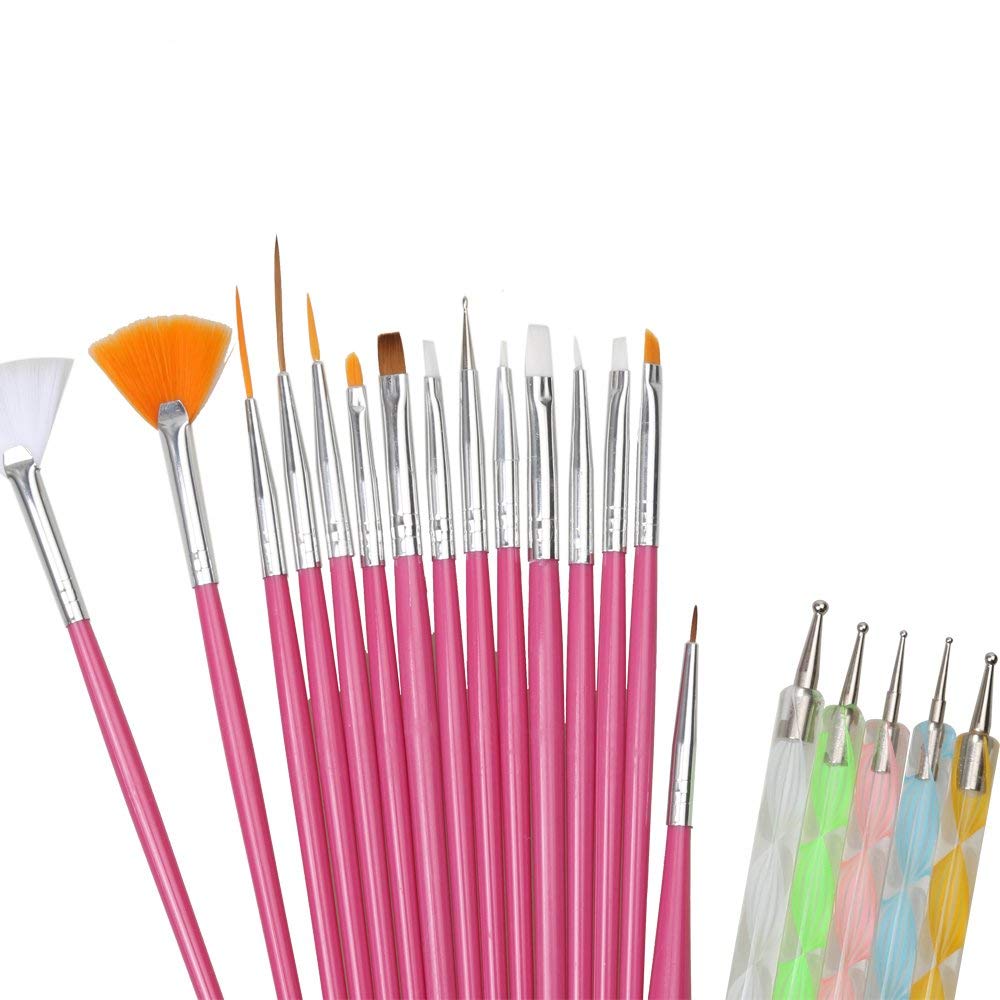 FAMEZA Women's Design Set Dotting Painting Drawing Polish Nylon Brush Pen Nail Art Tools (Pink, 20 Pieces) 2