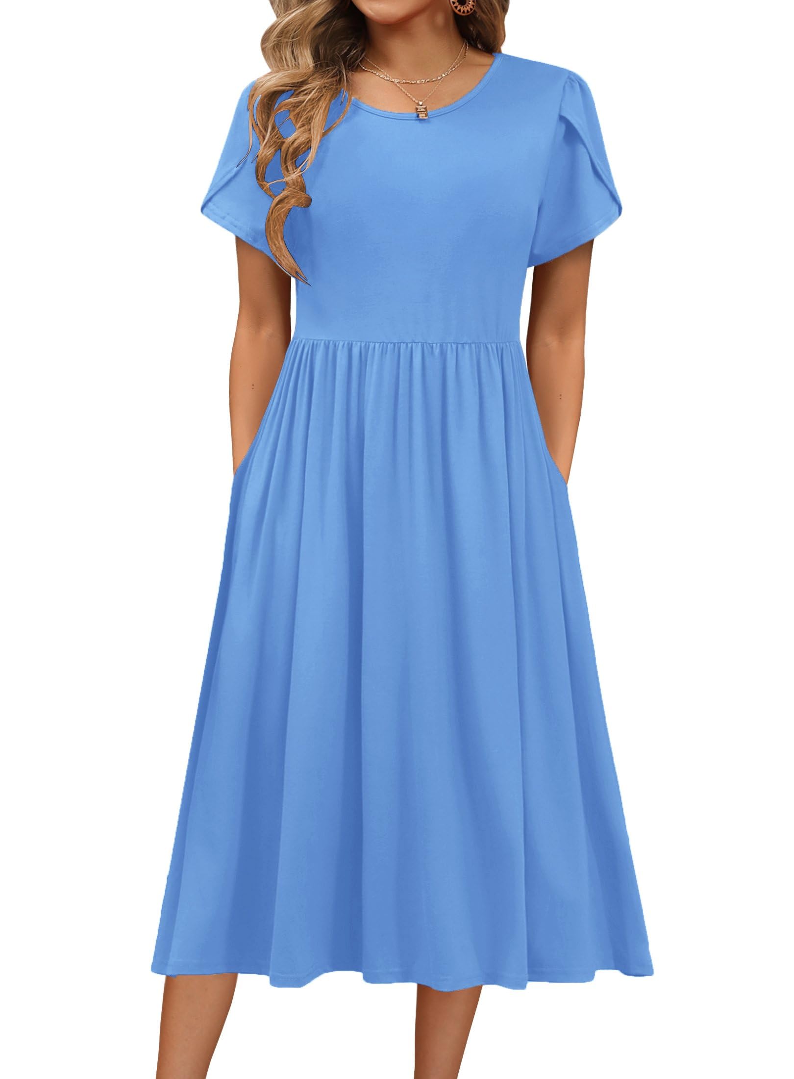 Hotouch Sommerkleid Damen Kleider Kurzarm Kleid Rundhals Freizeit Kleid Einfarbig Strandkleid A-Linie Midi Kleider mit Tasche S-XXL