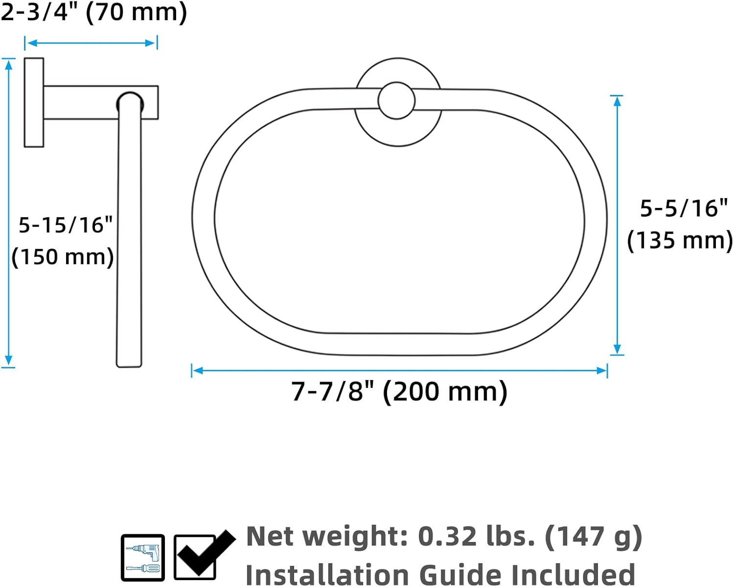 APLusee Oval Towel Ring Brushed Nickel, 304 Stainless Steel Towel Holder for Bathroom Kitchen, Wall Mounted - Image 9