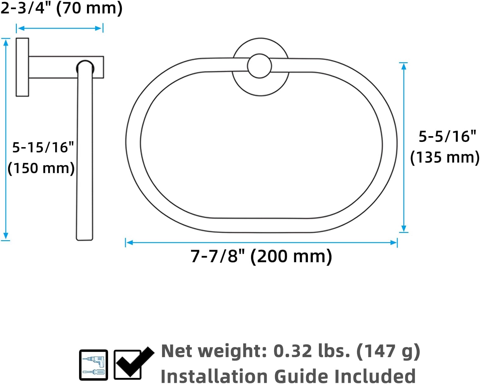 APLusee Matte Black Towel Ring, Stainless Steel Swivel Hand Towel Holder, Modern Kitchen Bathroom Accessories Home Drying Storage Rail Space Saver