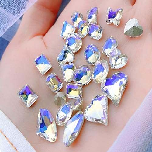48 Pcs Big Mix Sizes Different Shape Nail Rhinestones 12 Styles 3D Glass Crystals Diamonds Love Distorts Heart Super Shiny Charms Gems Stones Diy Nail Art Decoration Craft Jewelry (Moonlight) #TOP1