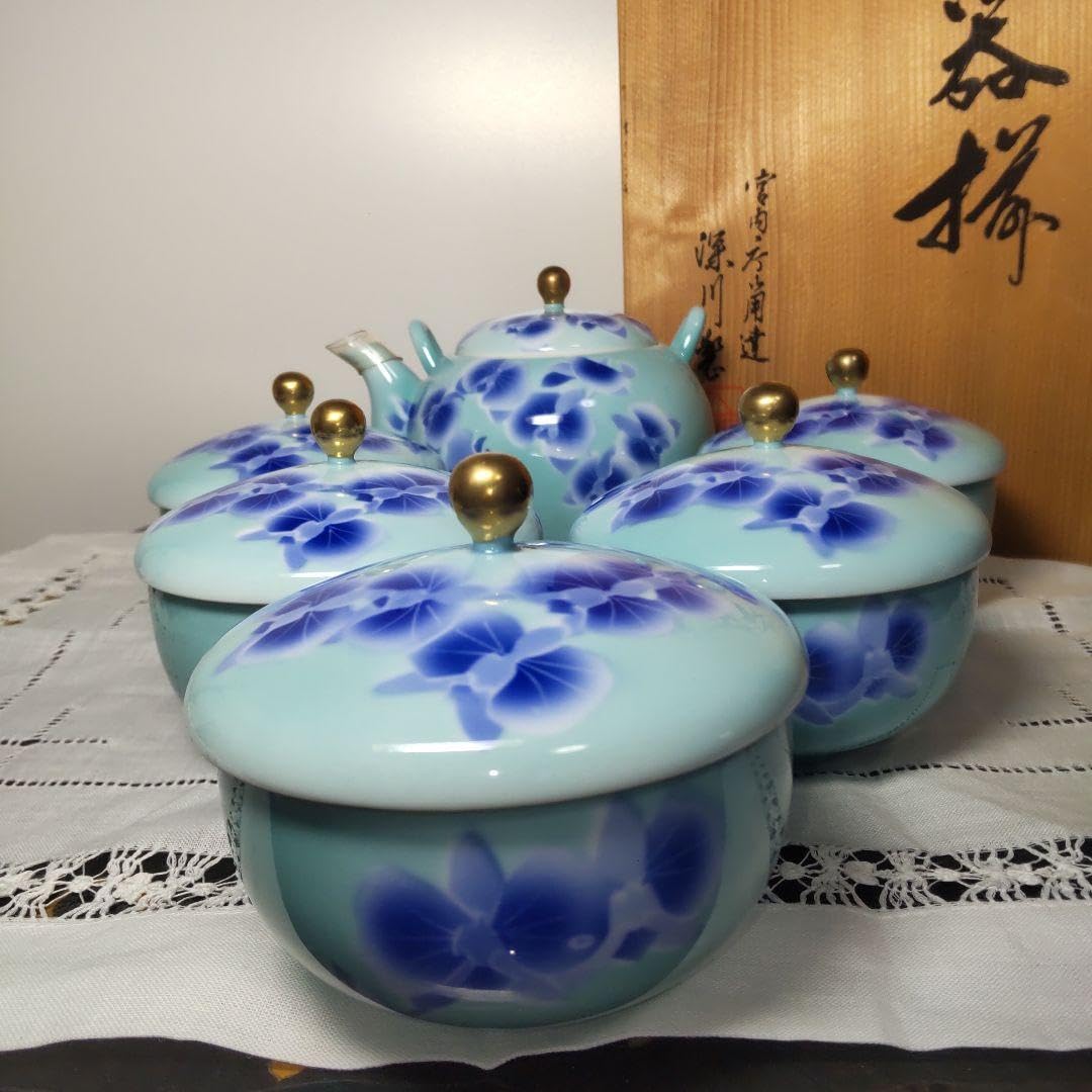 深川製磁 金彩 胡蝶蘭 蓋茶器揃 ブルーグリーン共箱有り 深川製磁 金彩 胡蝶蘭 蓋茶器揃 ブルーグリーン共箱有り