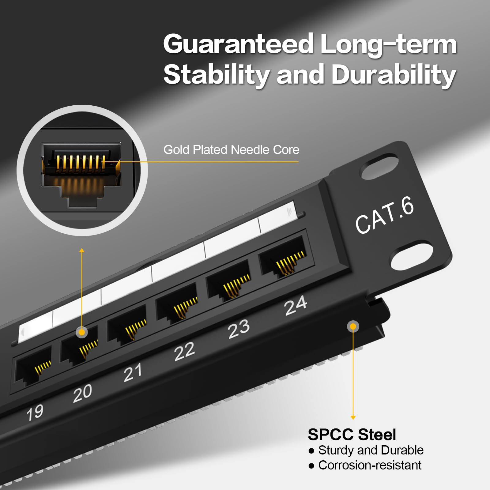 Patch Panel 24 porte montaggio a rack o montaggio a parete Cat6 1U Patch Panel di rete 19" RJ45 Patch Panel per rete 10 Gigabit, compatibile con strumenti a impatto 110 o Krone (Patch Panel Cat6 a 24