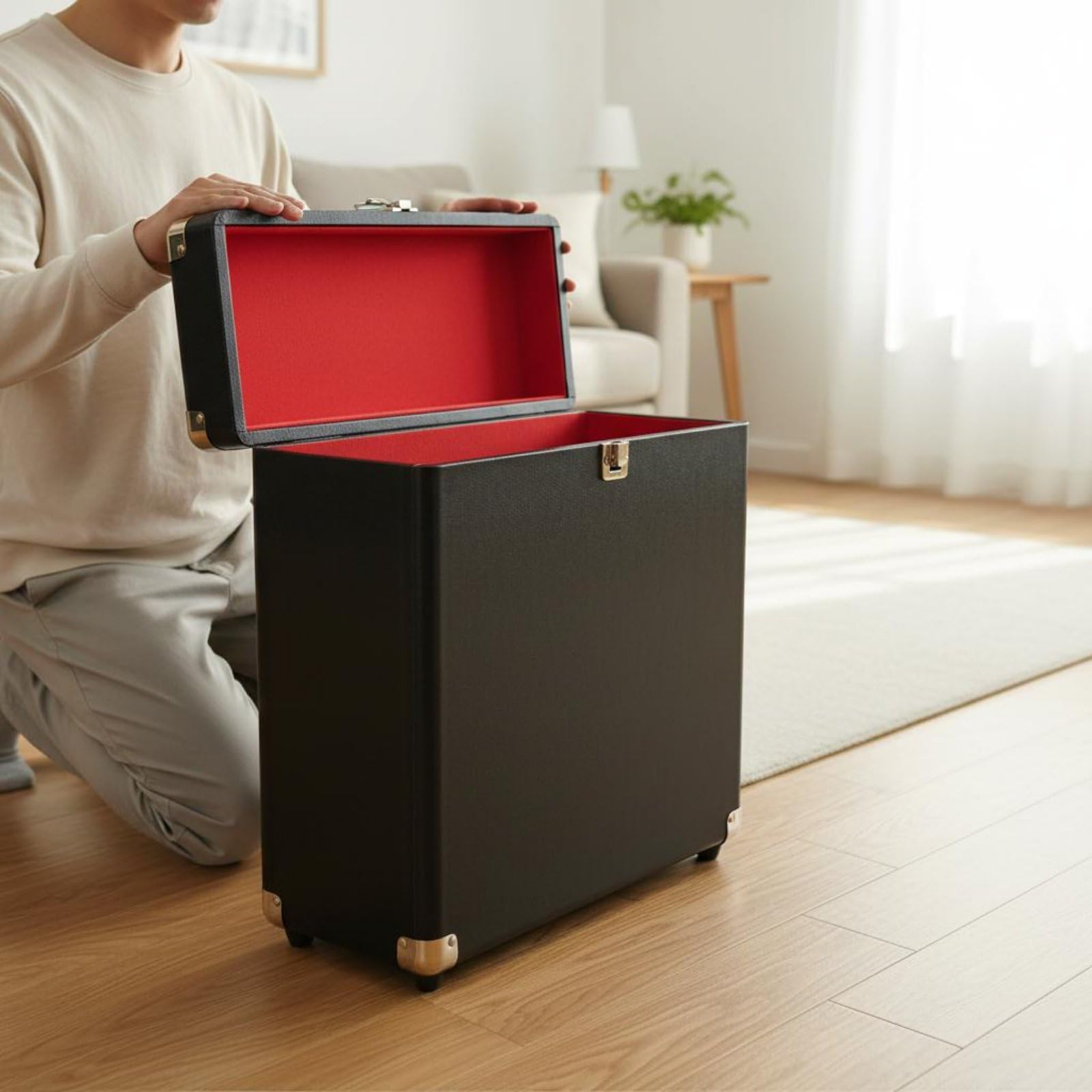 Amagogo Custodia Vinili Scatola Contenitore Valigetta Bauletto Porta Dischi LP in Pelle con Design Portatile E Protezione Dai Graffi Adatta per DJ Collezionisti, Nero+Rosso