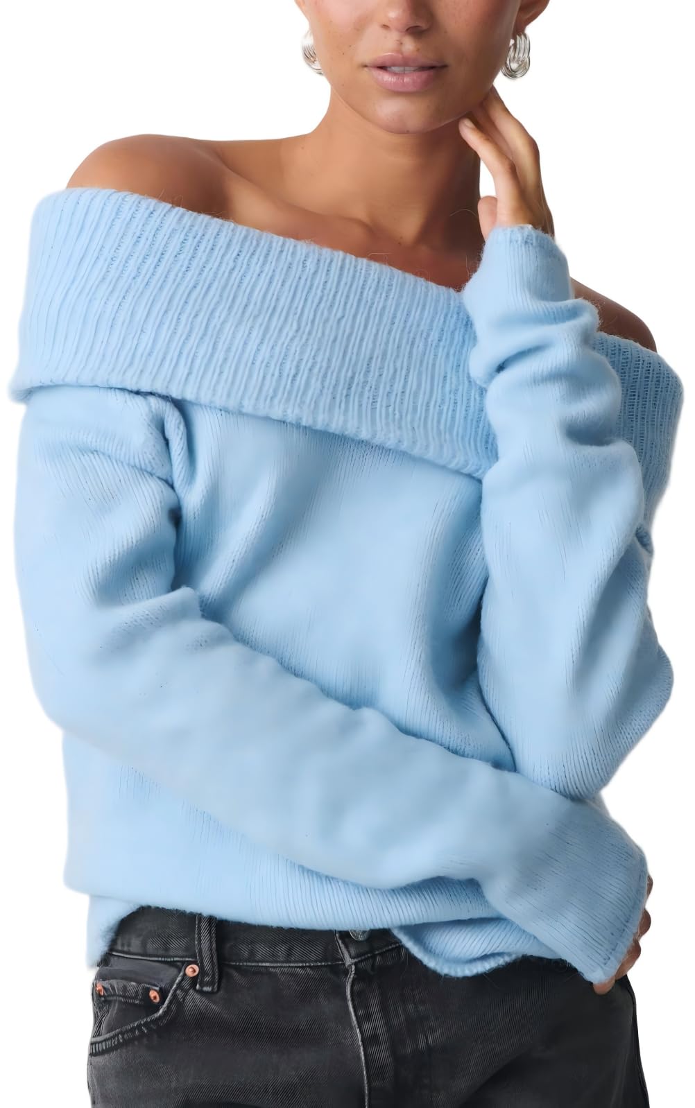 Womens Fold Over Off Shoulder Sweaters Vintage Slim Fit Long Sleeve Ribbed Knit Pullover Tops Fall Going Out