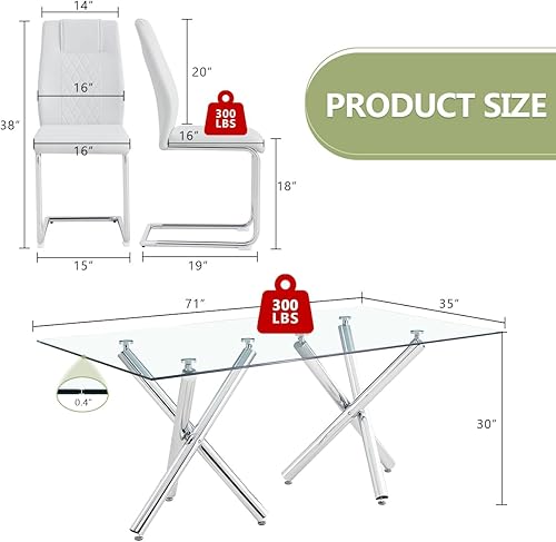 Miniatura 2 de Juego de mesa de comedor de cristal para 6.71 pulgadas, mesa de comedor para 6, mesa rectangular grande de vidrio templado y 6 sillas de piel Mesa