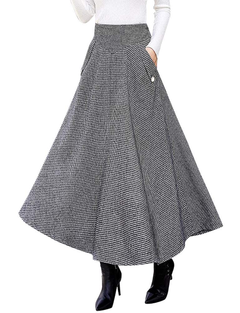 IDEALSANXUN Women’s Fall Winter High Waisted Wool Plaid A-line Long Skirt