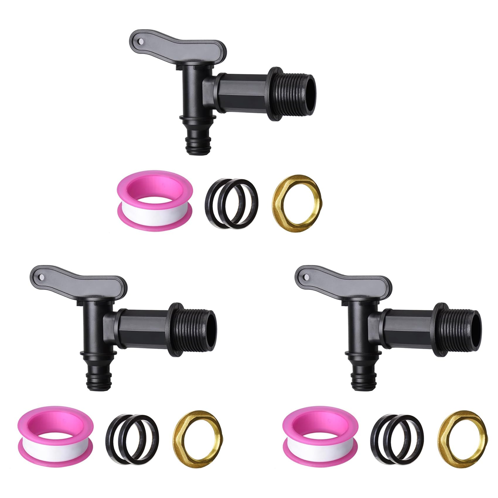 Jnchdghwa Black 3Pcs 3/4In Water Butt Tap Plastic Snap-Fit Hosepipe Rain Water Butts Thread Water Tap With Brass Nut