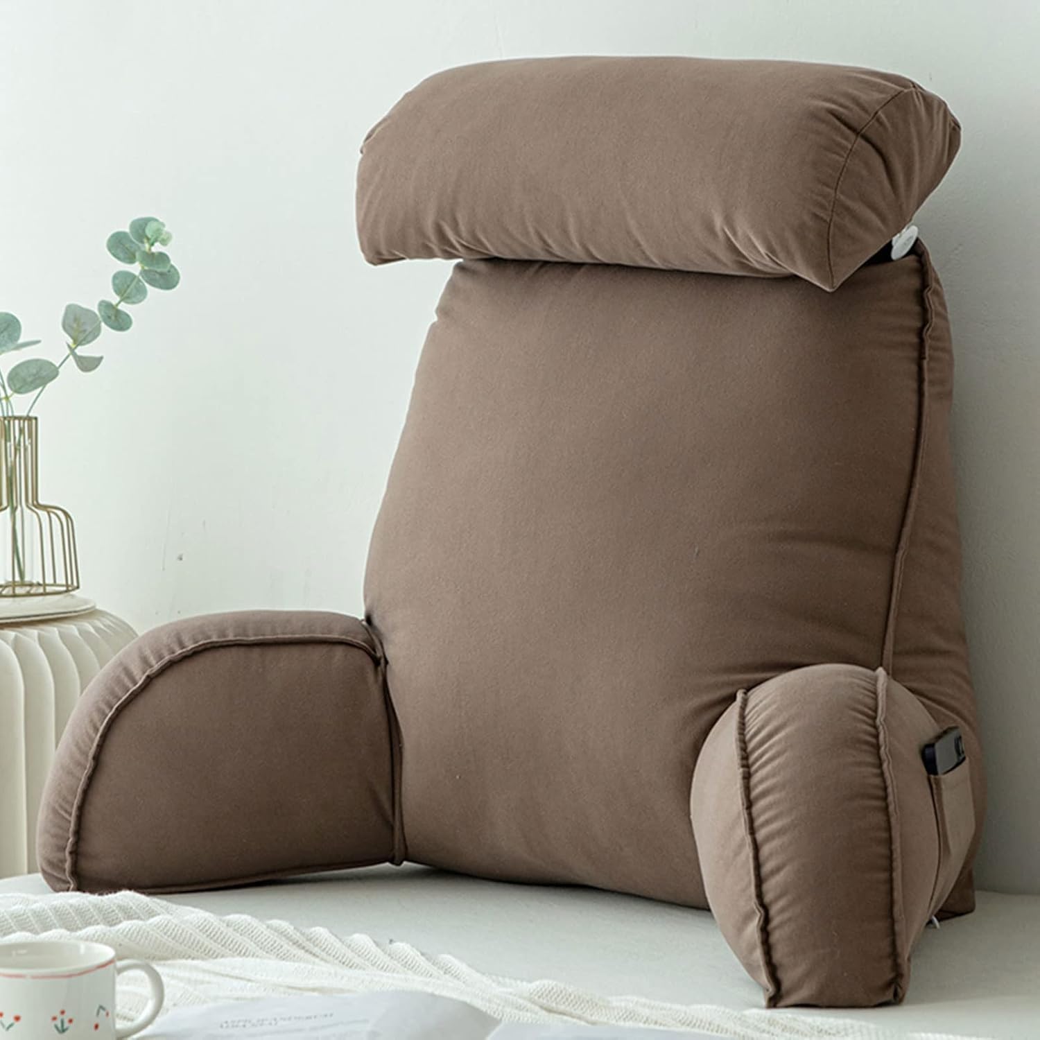 HEATHE Reading Pillow For Bed,Lumbar Support Cushion,Cuddle Cushion,Bed Chair Pillow With Arms,Sofa Waist Pillow,With Round Pillow,Perfect For Sitting,Reading,or Gaming,75×40×50cm, Coffee Color