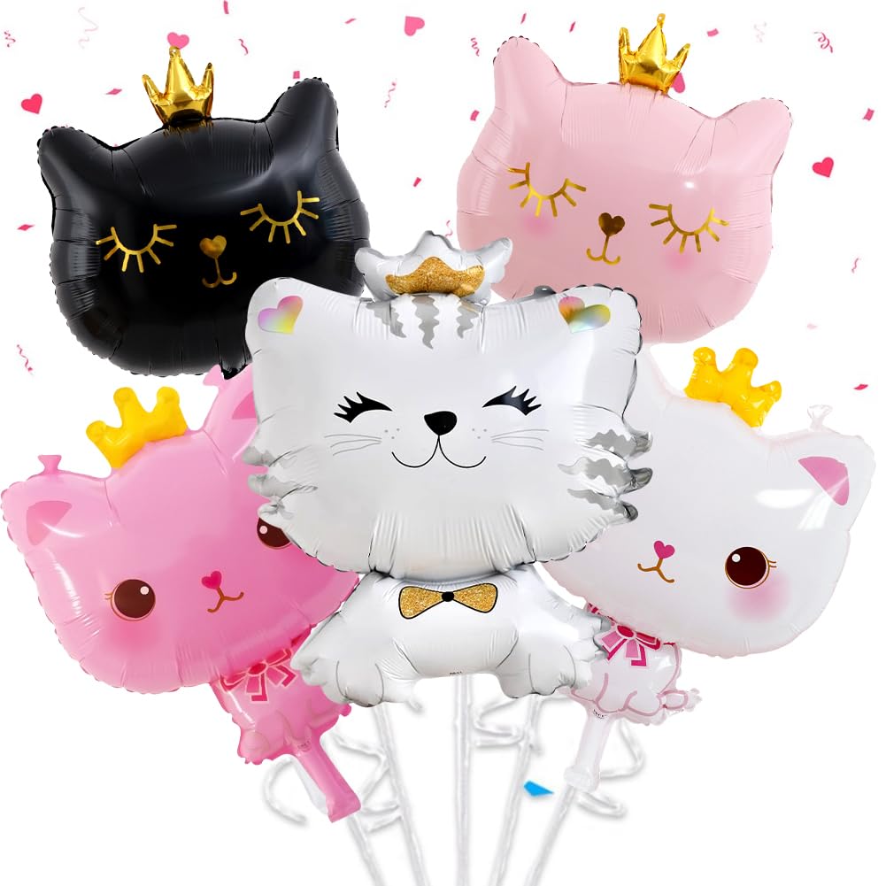 5 pcs Cat Balloons, Foil Balloon Cats, Crown Cat Balloons, animals Head BALLON with Ribbons, Suitable for Cat Party Decoration, Cat Themed Birthday Party,