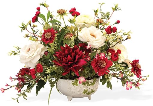 Petals Rose, Dahlia & Scabiosa Silk Flower Centerpiece in a White Ceramic Footed Bowl
